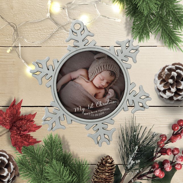 Das Foto "Mein erstes Neugeborenes" Schneeflocken Zinn-Ornament (Von Creator hochgeladen)