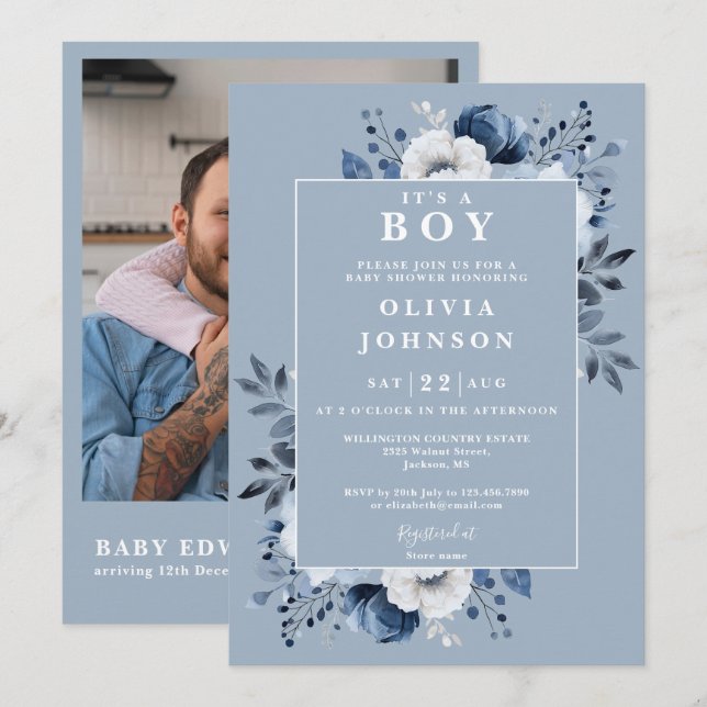 Das Foto QR Baby Dusche ist ein Junge Dusty Blue F Einladung (Vorne/Hinten)