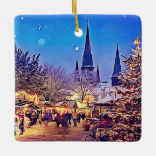 Das fröhliche Weihnachten gehen Runde und deutsche Keramikornament