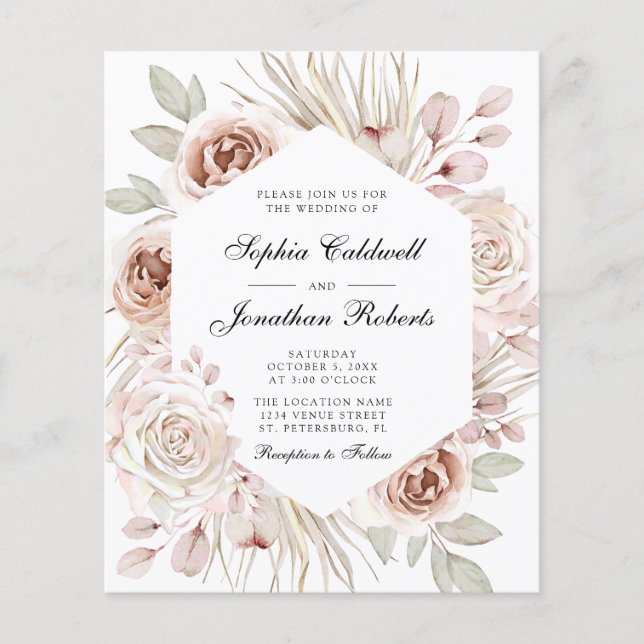 Das ganze Budget in einem Boho Pink Roses Einladun (Vorderseite)