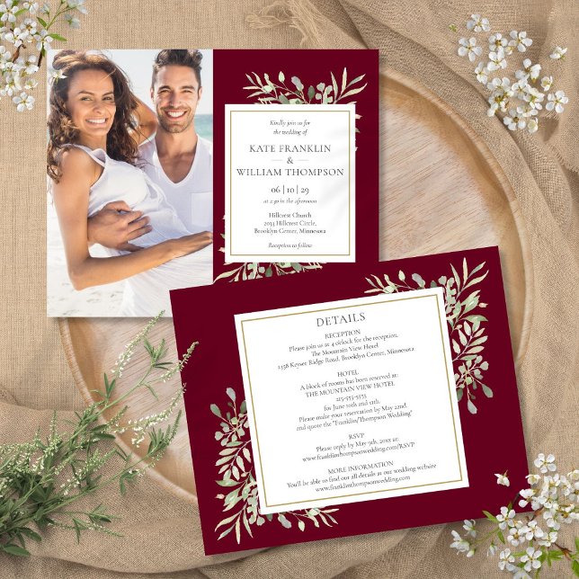 Das ganze Budget in einem Burgund-Foliage-Foto (Budget All In One Burgundy Foliage Photo Wedding)