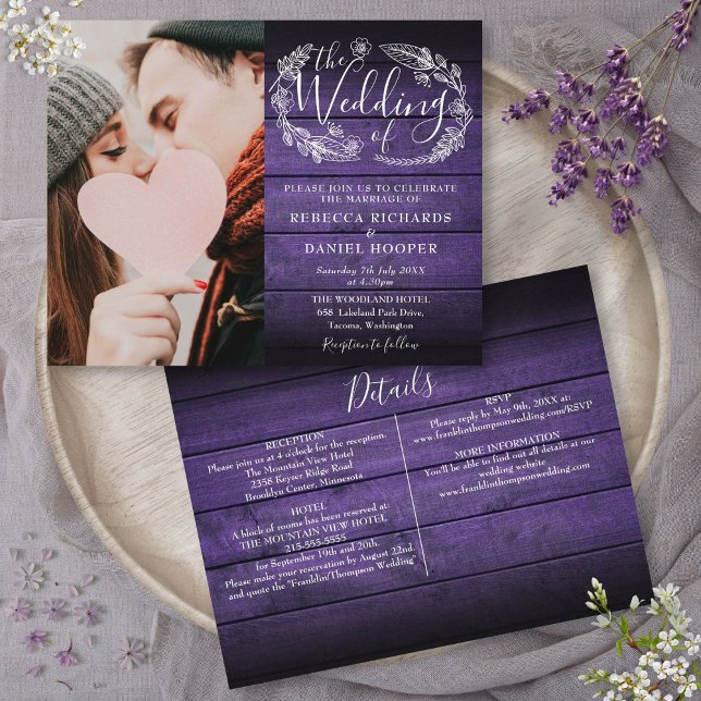 Das ganze Budget in einem Lila Foto Hochzeit einla (Budget All In One Purple Wood Photo Wedding Invite)