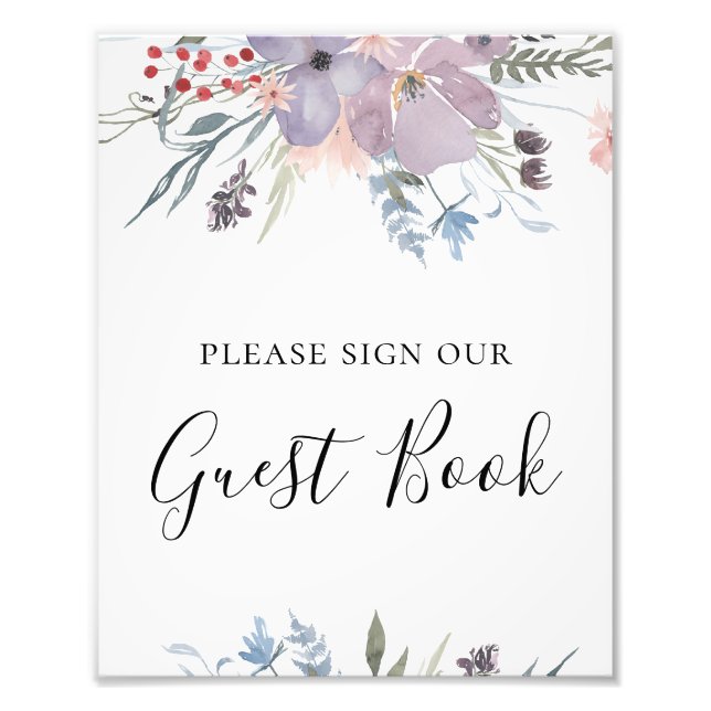 Das Gästebuchschild mit violetten Blumen. Botanisc Fotodruck (Vorne)