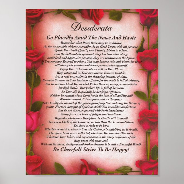 Das Gedicht Desiderata mit Rote Rosen für die Mama Poster (Vorne)