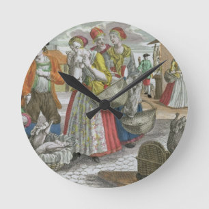 Das Geflügel vermarkten (farbiger Stich) Runde Wanduhr