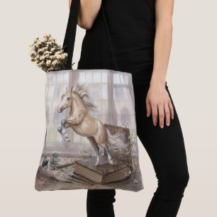 Das gelehrte Pferd springt aus einem Buch Tasche