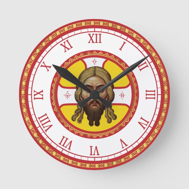 Das Gesicht des christlich-orthodoxen Symbols Runde Wanduhr (Vorderseite)