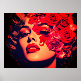 Das Gesicht einer Frau in Blumen auf einem Wandpos Poster