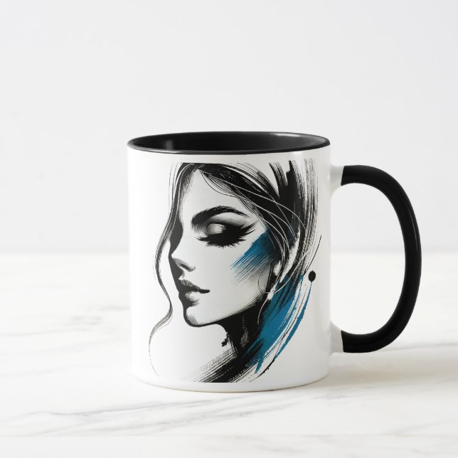 Das Gesicht einer Frau in schwarz und blau. Tasse (Rechts)