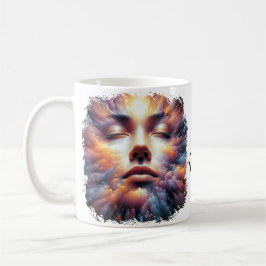 Das Gesicht vermischt sich mit farbenfrohen Wolken Kaffeetasse