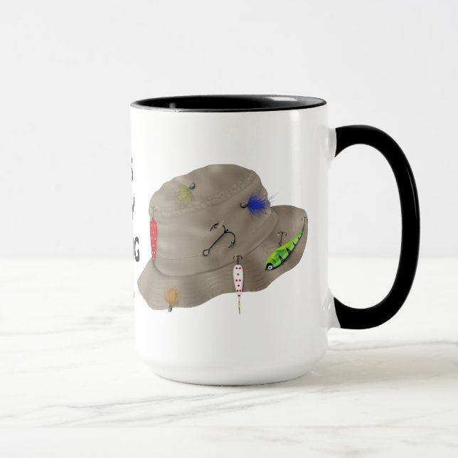 Das glückliche Fischen des Vaters trägt Tasse zur (Rechts)