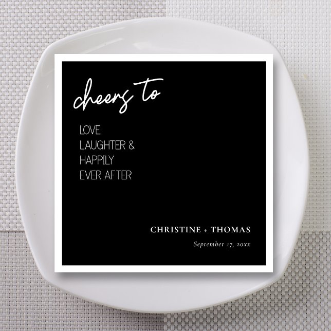 Das glückliche Paar! Hochzeit Serviette (Black & white Cheers to Love Laughter and Happily Ever After wedding napkins with personalized name)