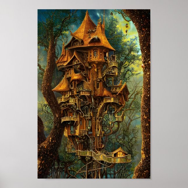 Das Golden Treehouse | Fantasy Digital Art Poster (Vorne)