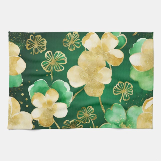 Das Green und Gold St Patrick's Day Kleeblatt Geschirrtuch (Horizontal)