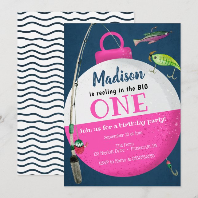 Das große ONE Fishing First Birthday Girl Einladung (Vorne/Hinten)