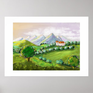 Das Haus auf den Hügeln, grüne Natur Poster