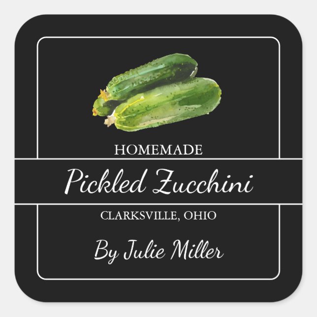 Das hausgemachte, gepickte Zucchini-Platz-Etikett  Quadratischer Aufkleber (Vorderseite)