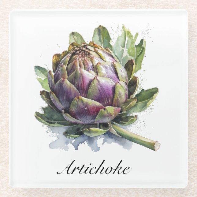 Das Herz des Gartens: Artichoke in Wasserfarbe Glasuntersetzer (Vorderseite)