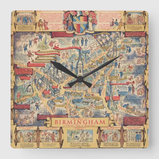 Das Herz von Birmingham, England Karte Quadratische Wanduhr (Vorderseite)