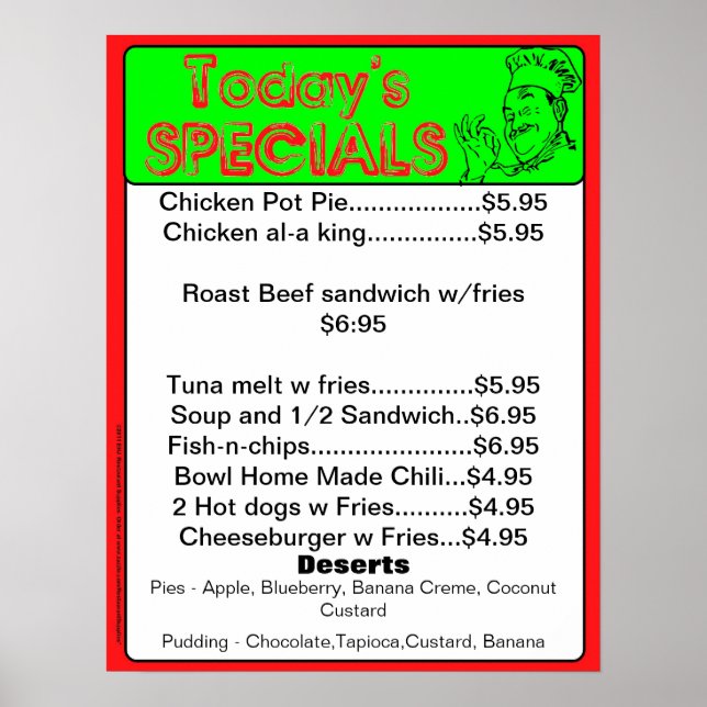 Das heutige Sonderposter - Speisen im Restaurant Poster (Vorne)