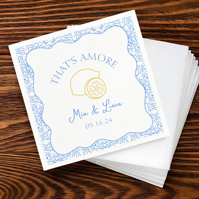 Das ist Amore Lemon Blue Tiles Amalfi Italien Hoch Serviette (Add a fun touch to your wedding with our 'That's Amore' lemon & blue tile personalized napkins,)