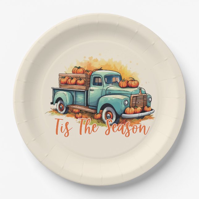 'Das ist die Jahreszeit, der Pumpkin-Truck Pappteller (Vorderseite)