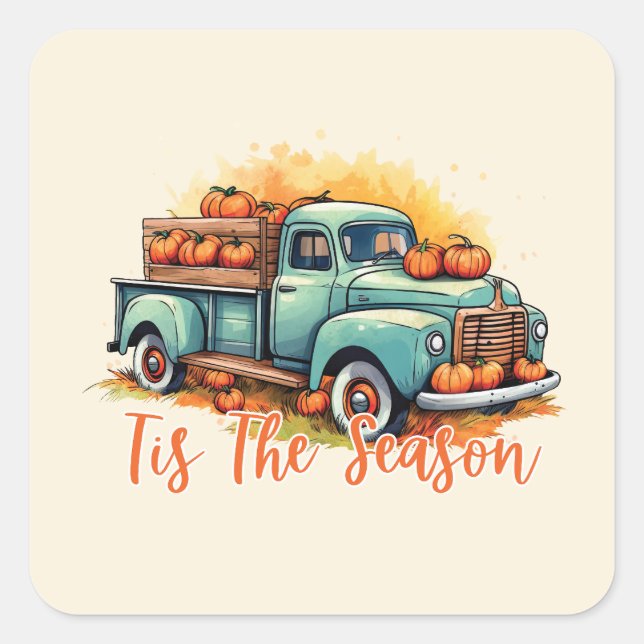 'Das ist die Jahreszeit, der Pumpkin-Truck Quadratischer Aufkleber (Vorderseite)