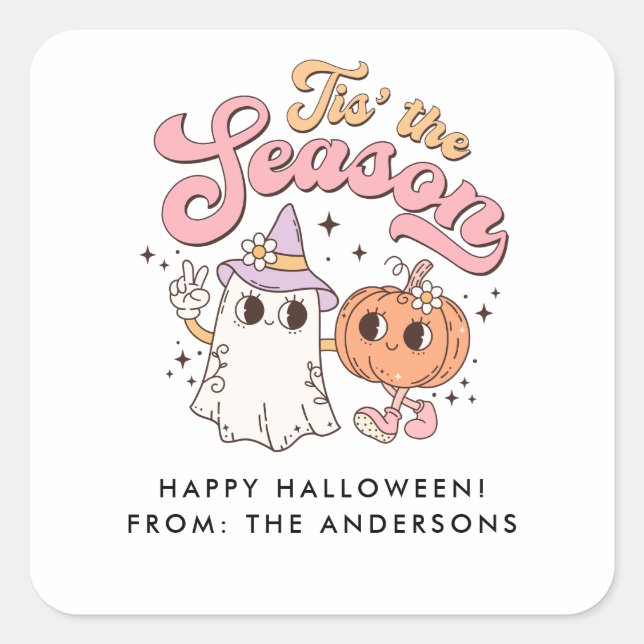 Das ist die Jahreszeit Retro Groovy Halloween Quadratischer Aufkleber (Vorderseite)