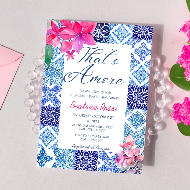 Das ist ein blaues Fliesen-Brautparty Einladung (That's Amore Blue Tiles Floral Bougainvillea Bridal Shower Invitation)