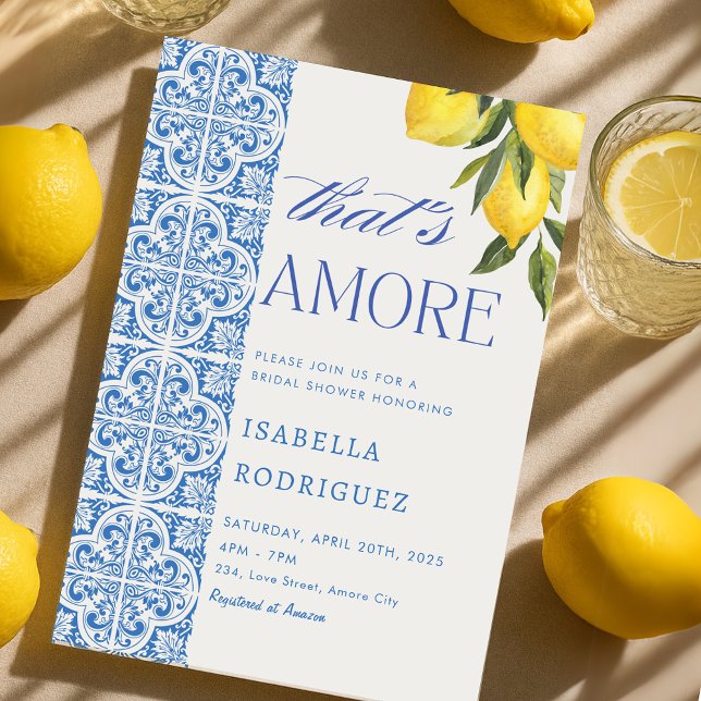Das ist ein italienisches Brautparty mit blauen Fl Einladung (That's Amore Italian Blue Tiles Bridal Shower Invitation)
