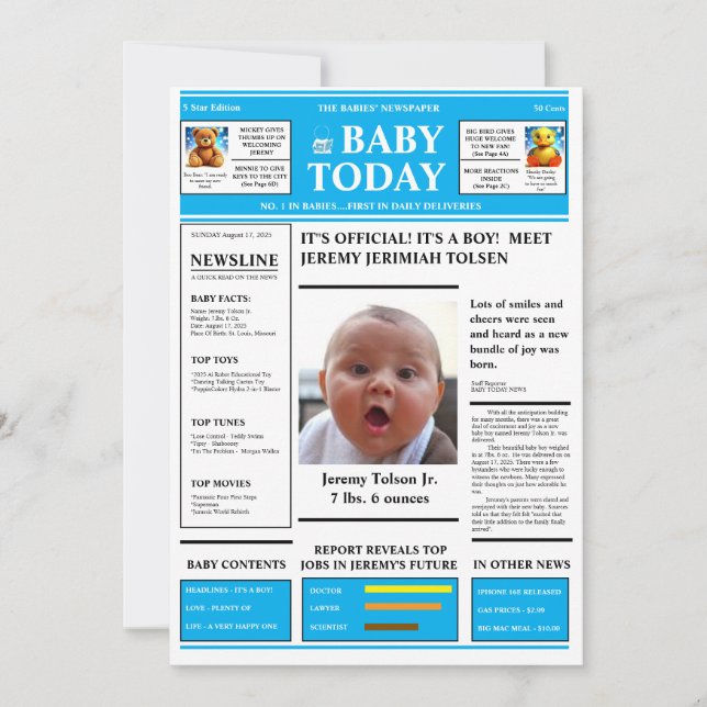 "Das ist ein Junge! BABY NEWSPAPER Baby Ankündigun Einladung (Vorderseite)