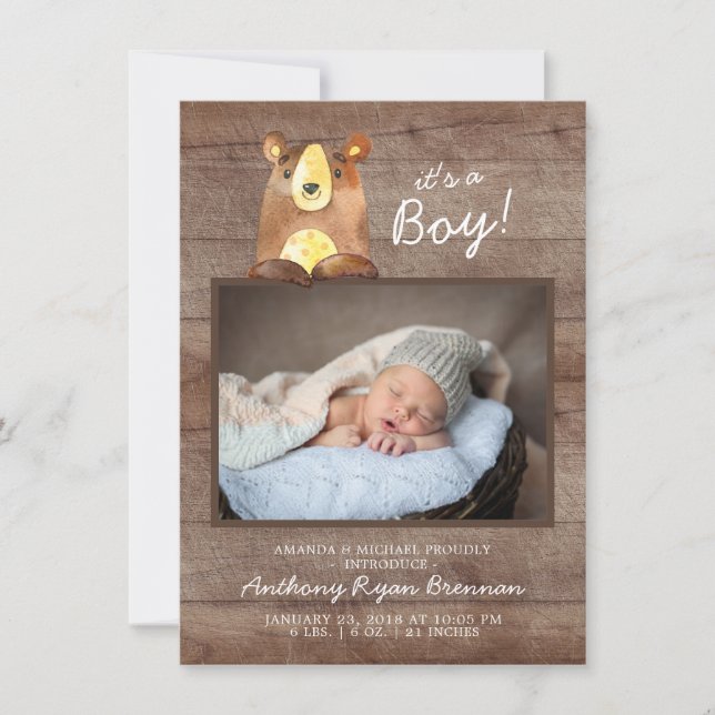 Das ist ein Junge! Bear BoysBaby Foto Geburtsankün Ankündigung (Vorderseite)