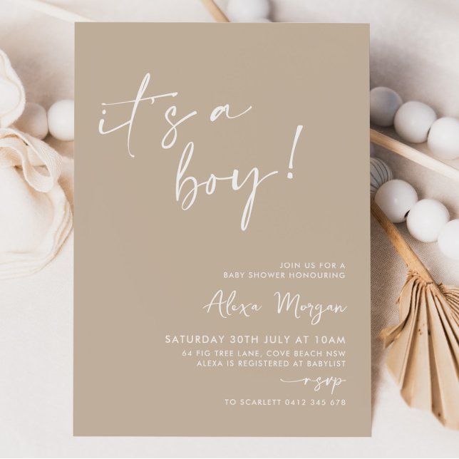 Das ist ein Junge! Beige Minimal Babydusche Einladung (It's a boy! Beige Baby Shower Invitation)