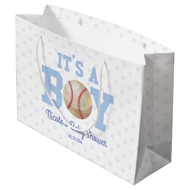 Das ist ein Junge! Blue Baseball Baby Dusche Große Geschenktüte (Rückseite Schrägansicht)