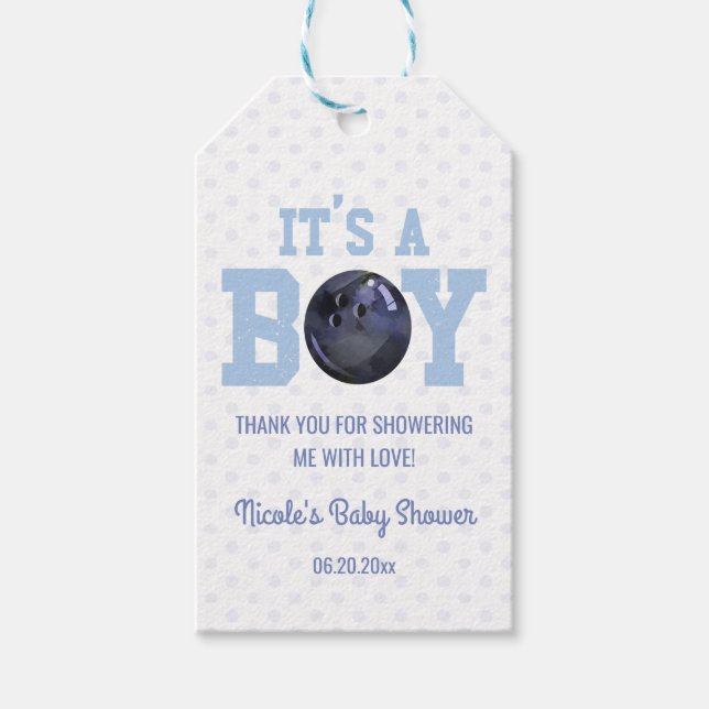 Das ist ein Junge! Blue Bowling Ball Baby Dusche Geschenkanhänger (Vorderseite)