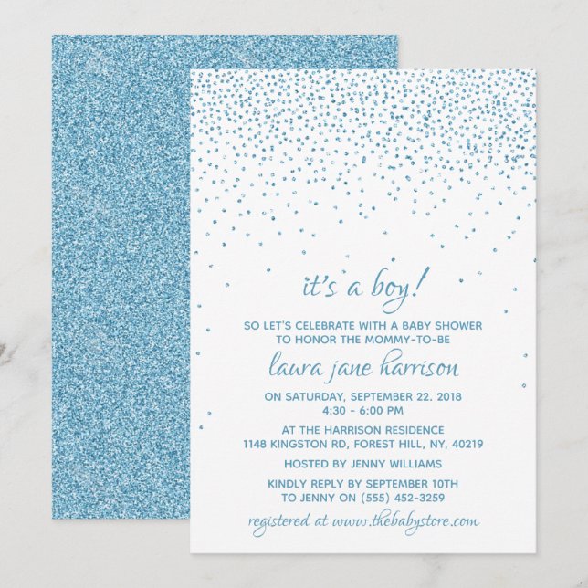 Das ist ein Junge! Blue Glitzer Confetti Babydusch Einladung (Vorne/Hinten)