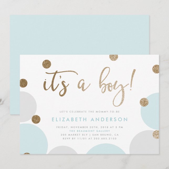 Das ist ein Junge! | Blue & Gold Confetti Babydusc Einladung (Vorne/Hinten)