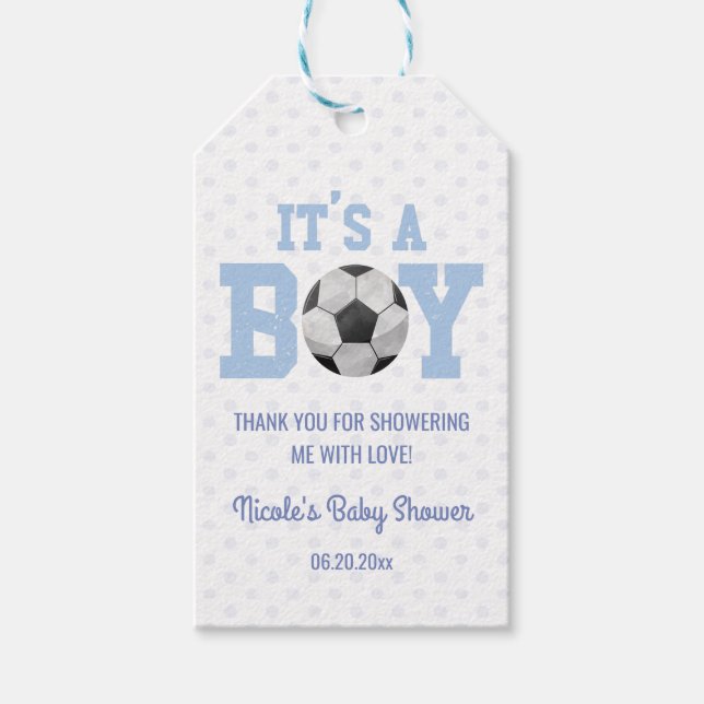 Das ist ein Junge! Blue Soccer Ball Baby Dusche Geschenkanhänger (Vorderseite)
