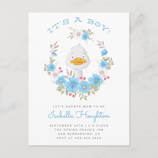 Das ist ein Junge! Duck & Blue Floral Wreath Baby  Einladungspostkarte (Vorderseite)