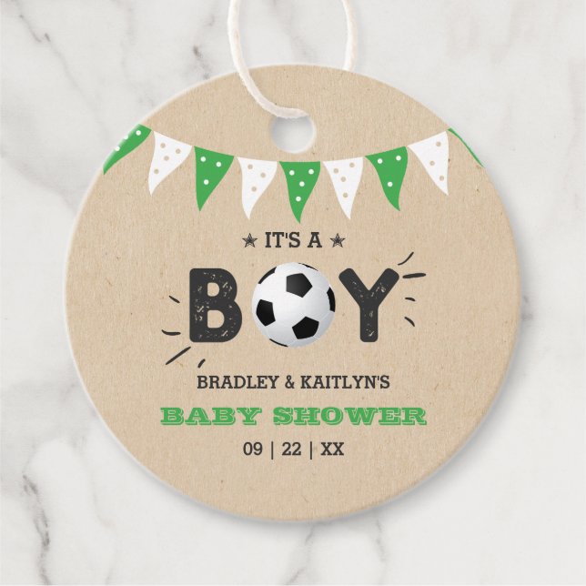 Das ist ein Junge! Fußball-Kinderdusche Geschenkanhänger (Vorderseite)