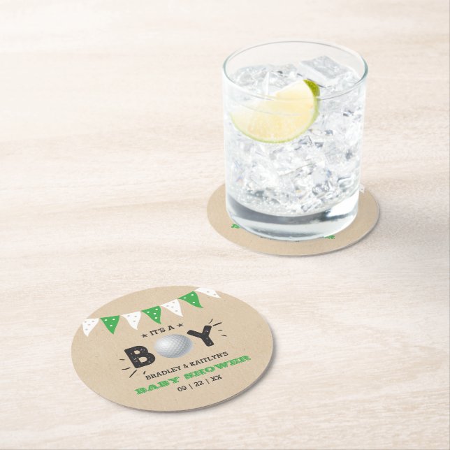 Das ist ein Junge! Golf Themed Co-Babydusche Runder Pappuntersetzer (Vor Ort)