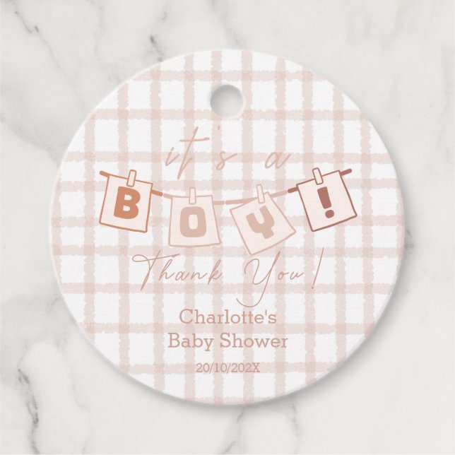 Das ist ein Junge! Niedlich Brown Gingham Notedry  Geschenkanhänger (Vorderseite)