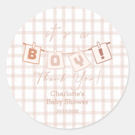 Das ist ein Junge! Niedlich Brown Gingham Notedry  Runder Aufkleber