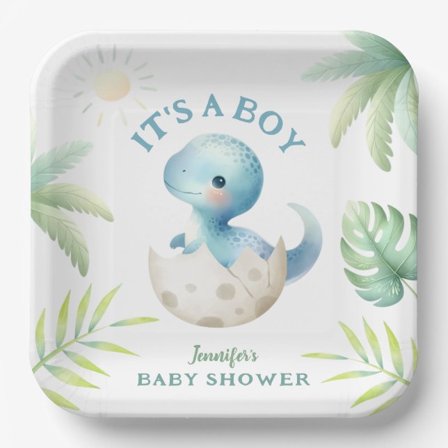 Das ist ein Junge! Niedliche Dino Boy Dinosaur Bab Pappteller (Vorderseite)