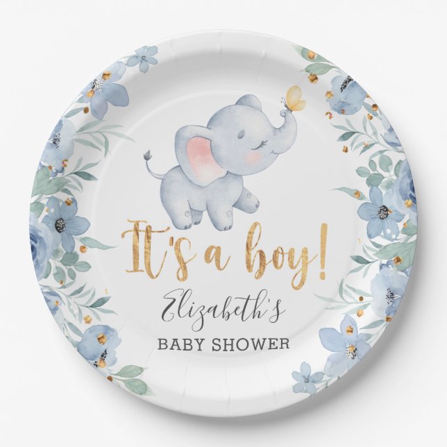 Das ist ein Junge! Sweet Elephant Baby Shower Part Pappteller (Vorderseite)