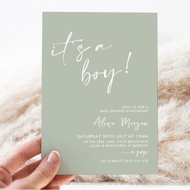 Das ist ein Junge! Waschbecken Green Minimal Baby  Einladung (It's a boy! | Sage Green Baby Shower Invitation)