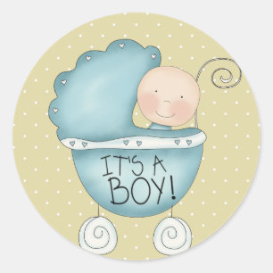 Das ist ein Junge! Whimsical Blue Baby Carriage Runder Aufkleber