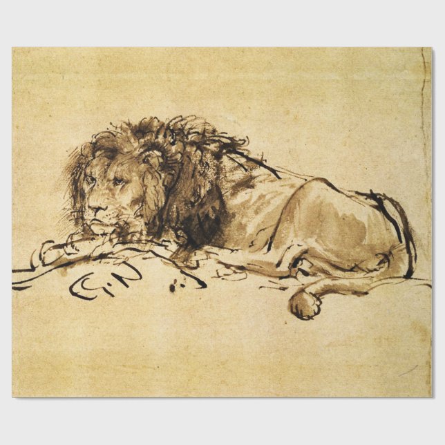 DAS KAP LION LYING DOWN, von Rembrandt Sepia, Blac Geschenkpapier (Flach)