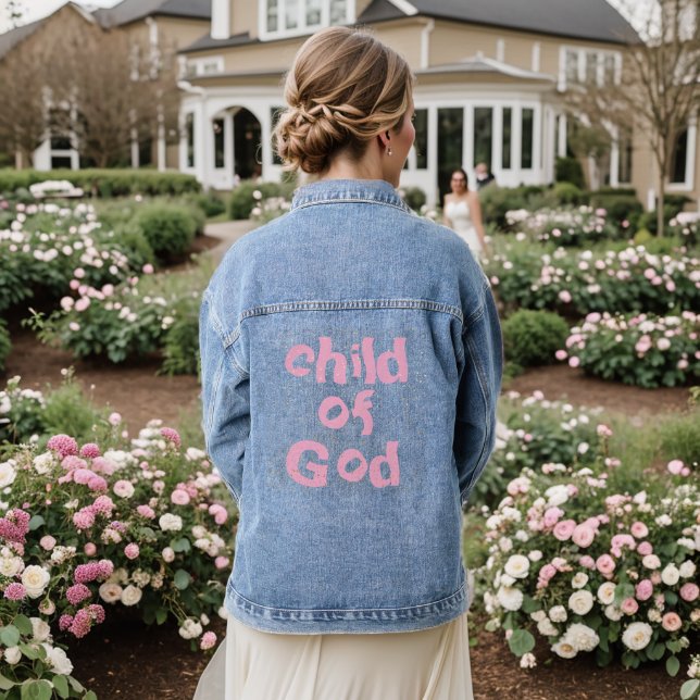 Das Kind Gottes Bibelzitat rosa auf Jeansjacke (Hochzeit Rückseite)