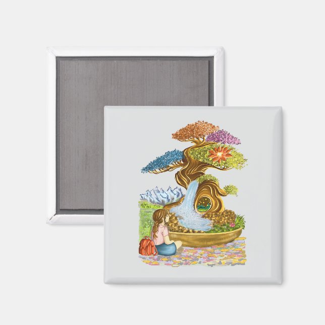 Das kleine Mädchen und sein riesiger Bonzaï. Magnet (Vorderseite/Rückseite)